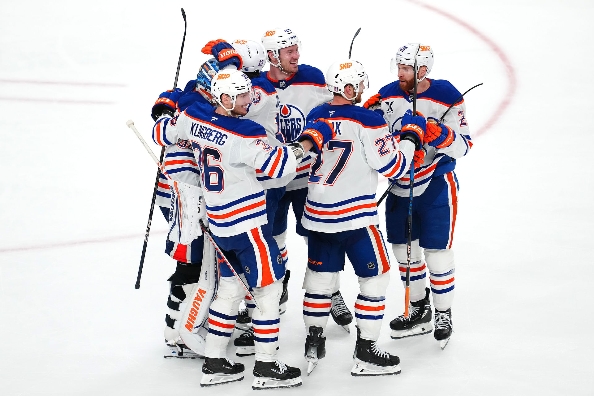 May 8, 2025; Las Vegas, Nevada, USA; Edmonton Oilers goaltender Calvin Pickard (30) celebrates with team mates after defeating the Vegas Golden Knights during overtime in game two of the second round of the 2025 Stanley Cup Playoffs at T-Mobile Arena. Mandatory Credit: Stephen R. Sylvanie-Imagn Images - Source: Imagn