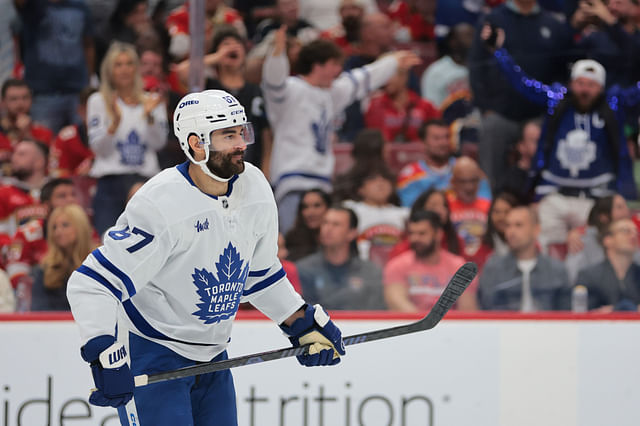 May 16, 2025; Sunrise, Florida, USA; Toronto Maple Leafs left wing Max Pacioretty (67) celebrates after scoring against the Florida Panthers during the third period in game six of the second round of the 2025 Stanley Cup Playoffs at Amerant Bank Arena. Mandatory Credit: Sam Navarro-Imagn Images - Source: Imagn