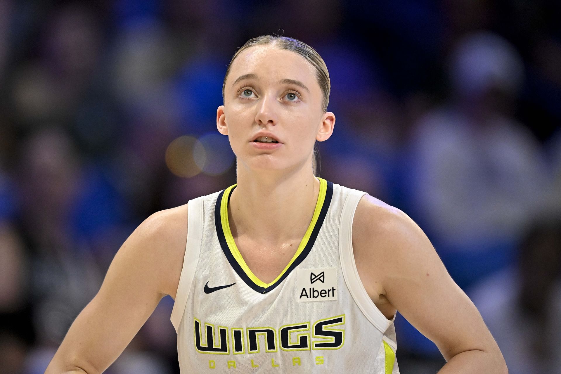May 19, 2025; Arlington, Texas, USA; Dallas Wings guard Paige Bueckers (5) looks on during the second half against the Seattle Storm at College Park Center. Mandatory Credit: Jerome Miron-Imagn Images - Source: Imagn