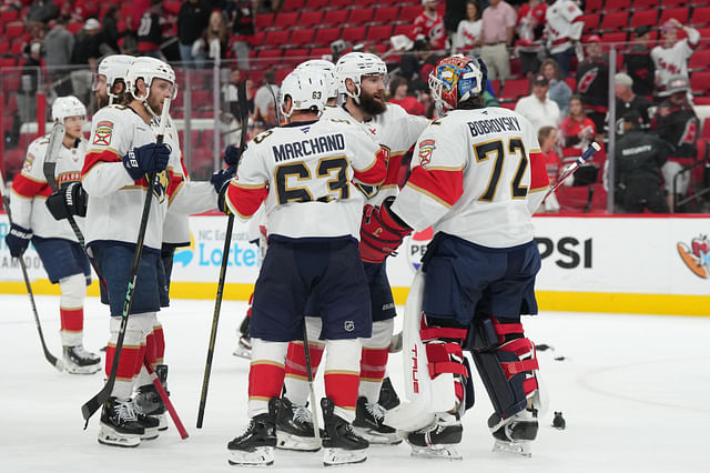 May 22, 2025; Raleigh, North Carolina, USA; Florida Panthers celebrate the win against the Carolina Hurricanes in game two of the Eastern Conference Final of the 2025 Stanley Cup Playoffs at Lenovo Center. Mandatory Credit: James Guillory-Imagn Images - Source: Imagn