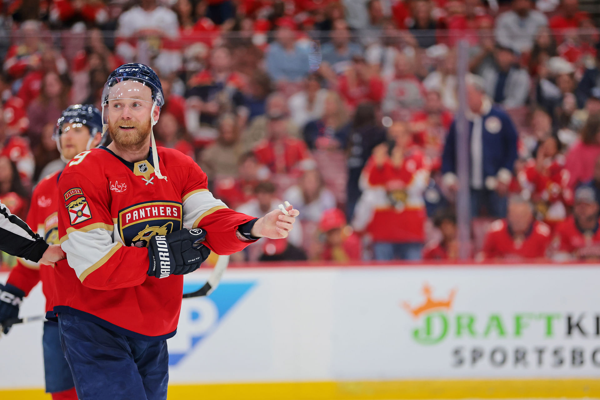 May 24, 2025; Sunrise, Florida, USA; Florida Panthers center Sam Bennett (9) reacts after a fight during the third period in game three of the Eastern Conference Final of the 2025 Stanley Cup Playoffs at Amerant Bank Arena. Mandatory Credit: Sam Navarro-Imagn Images - Source: Imagn