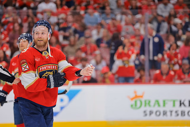 May 24, 2025; Sunrise, Florida, USA; Florida Panthers center Sam Bennett (9) reacts after a fight during the third period in game three of the Eastern Conference Final of the 2025 Stanley Cup Playoffs at Amerant Bank Arena. Mandatory Credit: Sam Navarro-Imagn Images - Source: Imagn