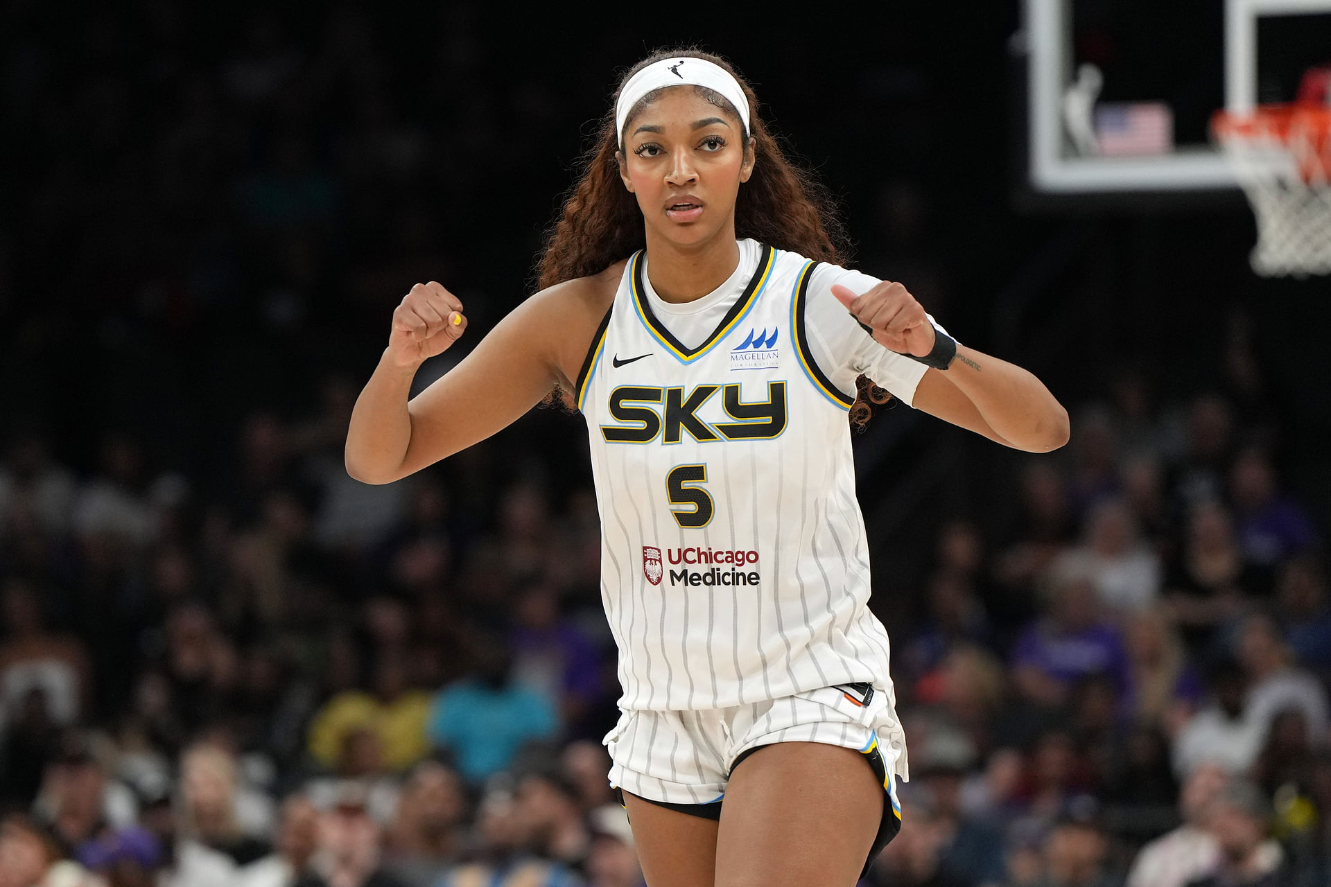 May 27, 2025; Phoenix, Arizona, USA; Chicago Sky forward Angel Reese (5) reacts after a foul call against the Phoenix Mercury in the first half at Footprint Center. Mandatory Credit: Rick Scuteri-Imagn Images - Source: Imagn
