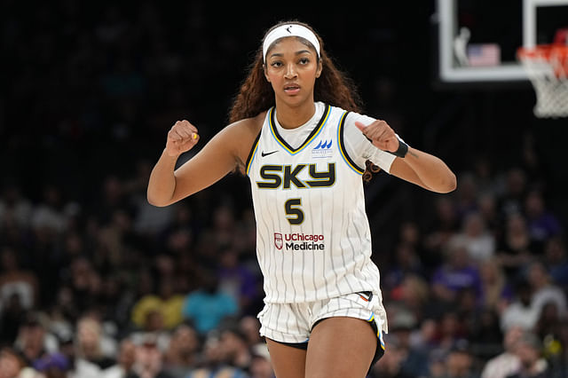 May 27, 2025; Phoenix, Arizona, USA; Chicago Sky forward Angel Reese (5) reacts after a foul call against the Phoenix Mercury in the first half at Footprint Center. Mandatory Credit: Rick Scuteri-Imagn Images - Source: Imagn