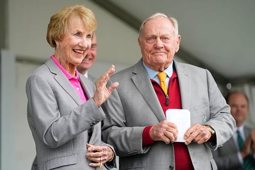 Barbara Nicklaus, alongside her husband, Jack Nicklaus, during the Memorial Tournament Honoree Ceremony at Muirfield Village Golf Club- Source: Imagn