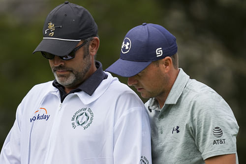 Jordan Spieth and his caddy Michael Greller at the 2025 Memorial Tournament - First Round - (Source: Imagn)