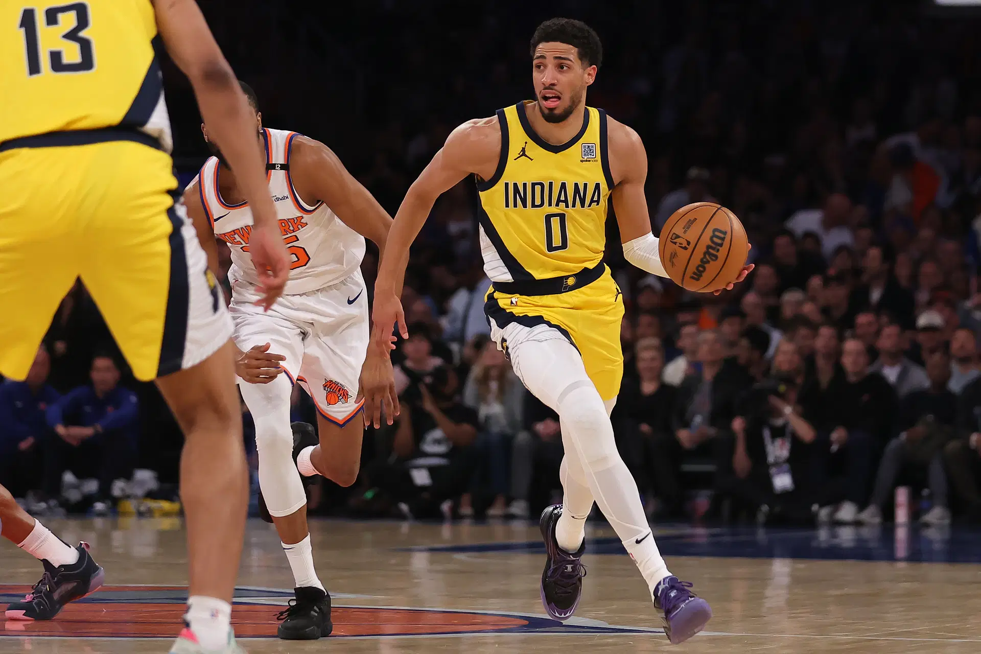 Indiana Pacers guard Tyrese Haliburton (0) controls the ball in the first quarter against the New York Knicks during game five of the eastern conference finals for the 2025 NBA Playoffs at Madison Square Garden. - Source: Imagn