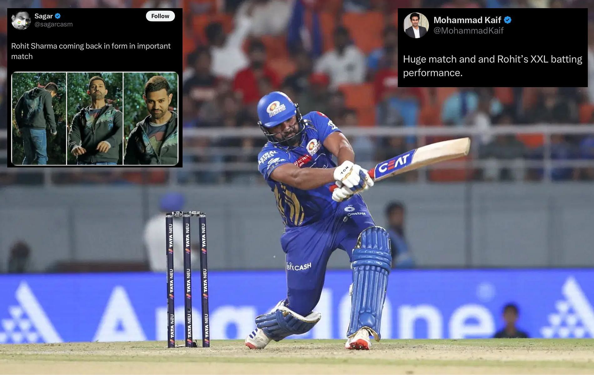 Rohit Sharma scored 81 runs off 50 balls. (Pics: Getty Images/X/@MohammadKaif/@sagarcasm).