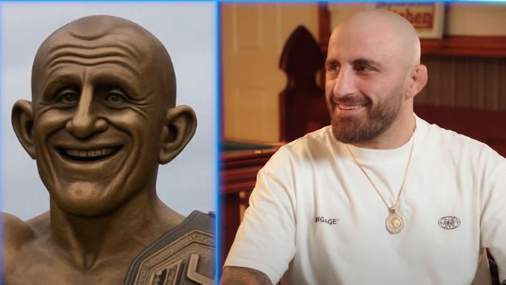  Alexander Volkanovski (right) reacts to AI generated statue (left) of himself. [Images courtesy: Alexander Volkanovski on Youtube] 