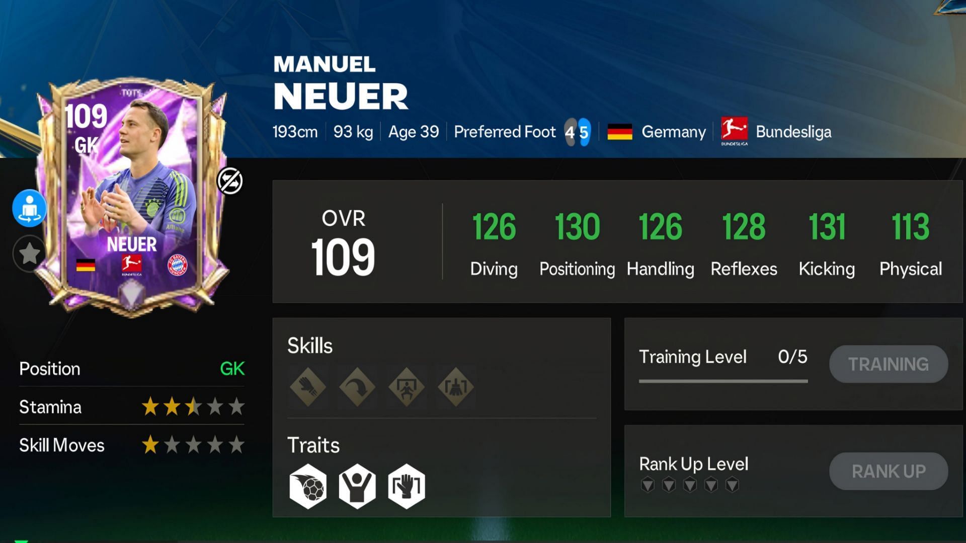 Snippet showing EA FC Mobile TOTS 25 Manuel Neuer exchange card stats (Image via EA Sports)