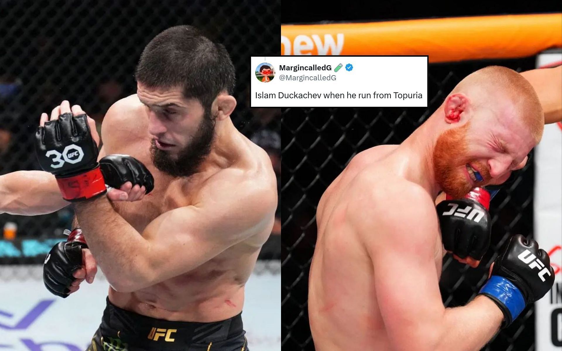 Fans react (insert) and name Islam Makhachev (left) and Bo Nickal (right) as the &quot;biggest fraud checked&quot; fighters in MMA history. [Images courtesy: @DerekBrunson on X, Getty Images]