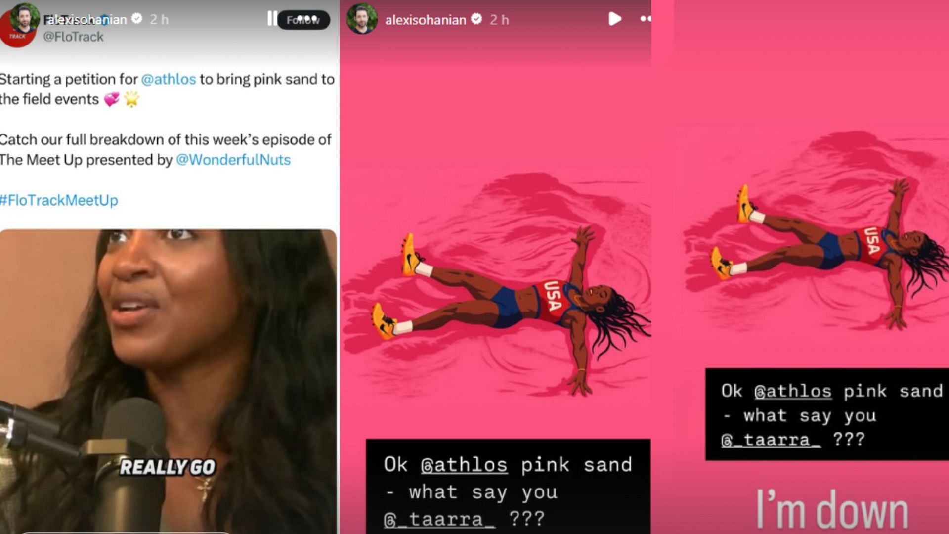 Screengrabs of Alexis Ohanian&#039;s response to the Pink Sand Challenge and Tara Davis-Woodhall&#039;s response [Image Source: Instagram/@alexisohanian and @_taarra_]
