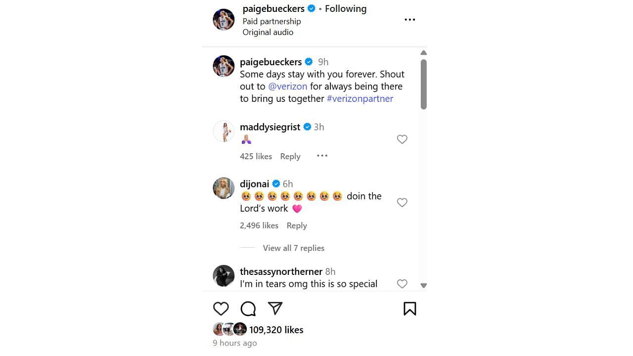 DiJonai Carrington and Maddy Siegrist react to Paige Bueckers&#039; emotional meeting with former AAU coach Tara Starks. [photo: @paigebueckers/IG]