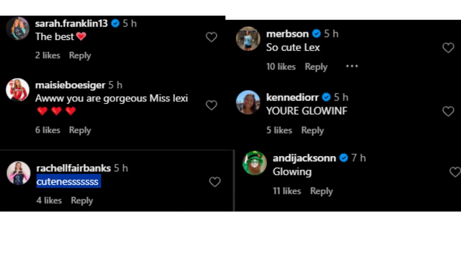 All the major reactions by former Nebraska teammates and prominent volleyball players to Rodriguez&#039;s Instagram post [Image Source: Lexi Rodriguez&#039;s Instagram]