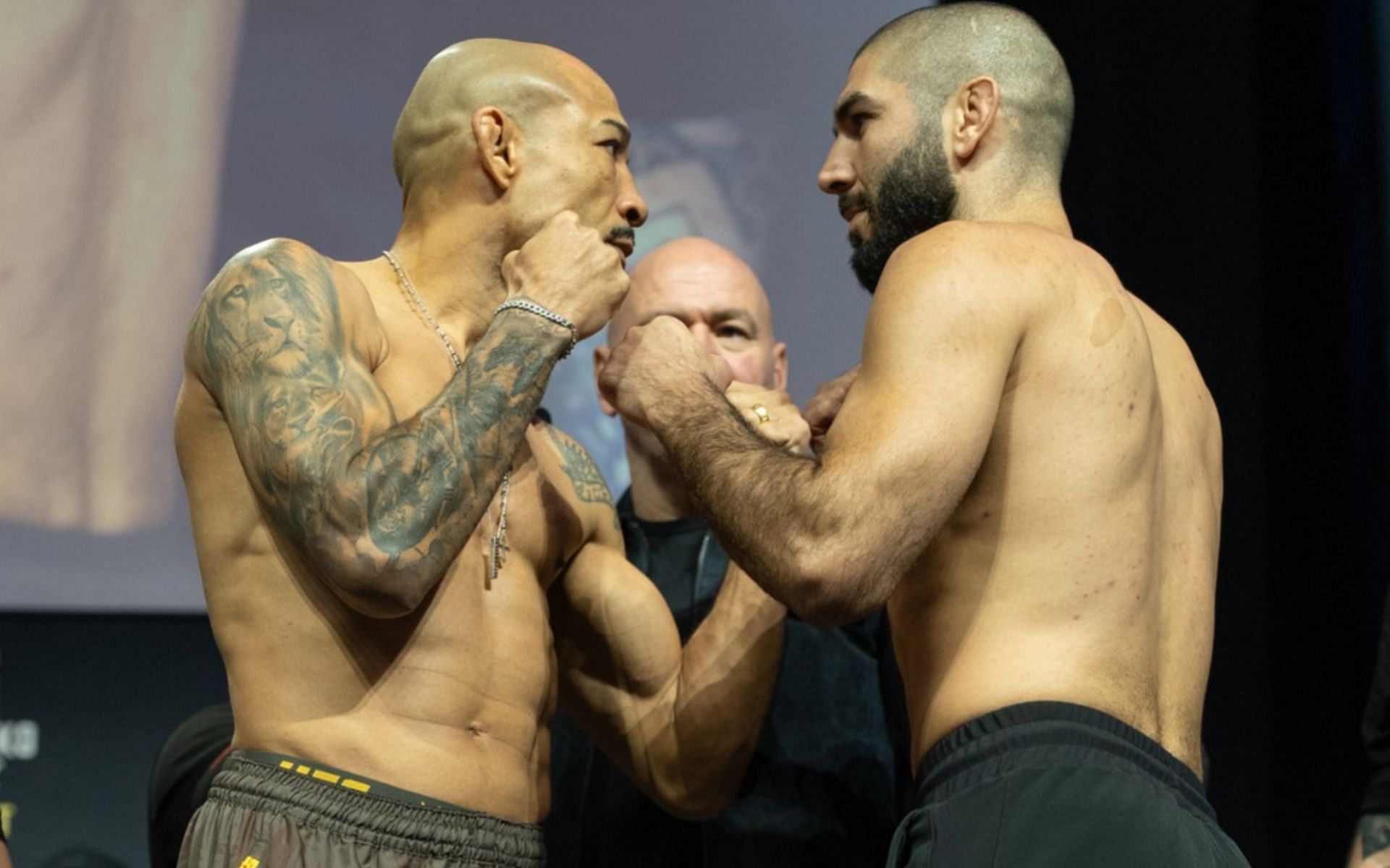 Aiemann Zahabi (right) discusses his fight with Jose Aldo (left). [Image courtesy: @ufc on instagram]