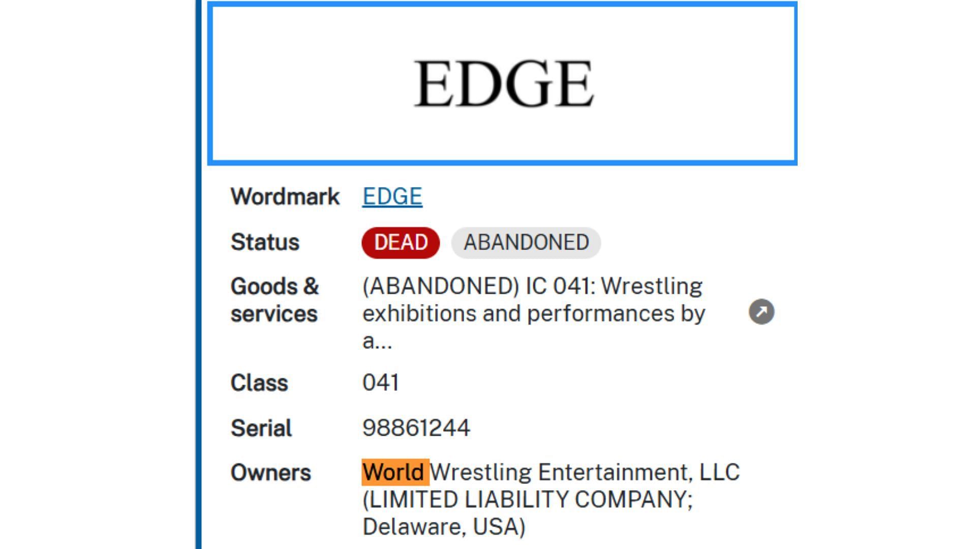 WWE&#039;s abandoned filing for &quot;Edge&quot; [Source: USPTO&#039;s website]