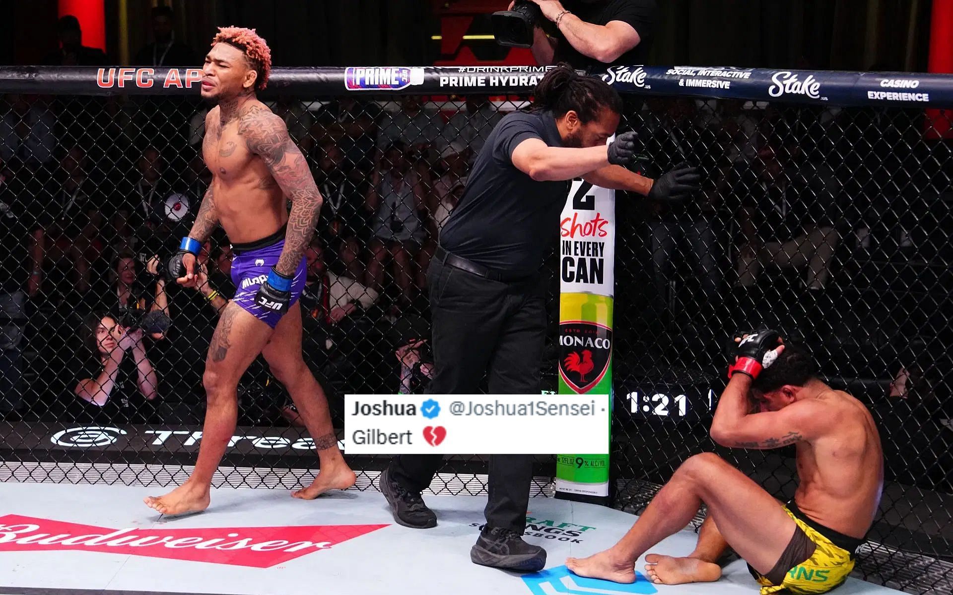 Fans react as Michael Morales (left) emphatically finishes Gilbert Burns (right) in Round 1 [Image courtesy: Getty Images]