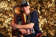 Paige Bueckers (#5) of the UConn Huskies poses for a championship portrait after defeating the South Carolina Gamecocks during the Division I Women's Basketball Championship game at Amalie Arena in Tampa, Florida. Photo: Getty