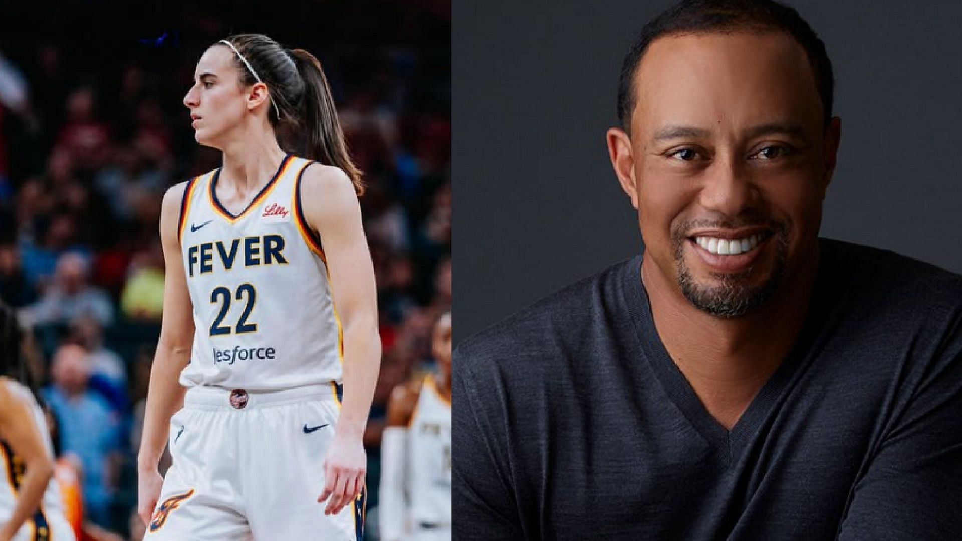 An image of Caitlin Clark and Tiger Woods side by side