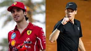 Ferrari driver Antonio Giovinazzi congratulates Jannik Sinner on his important victory