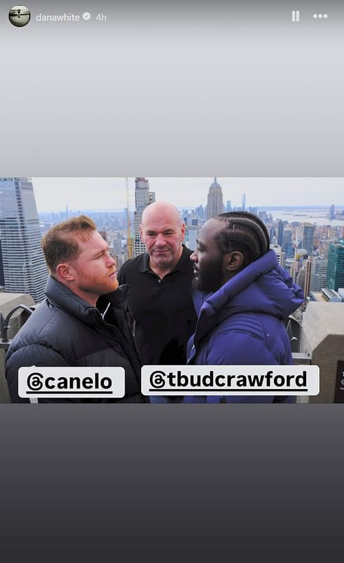 A screenshot of Dana White's Instagram story featuring Canelo Álvarez and Terence Crawford
