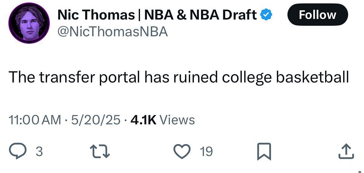 An X user discusses the transfer portal