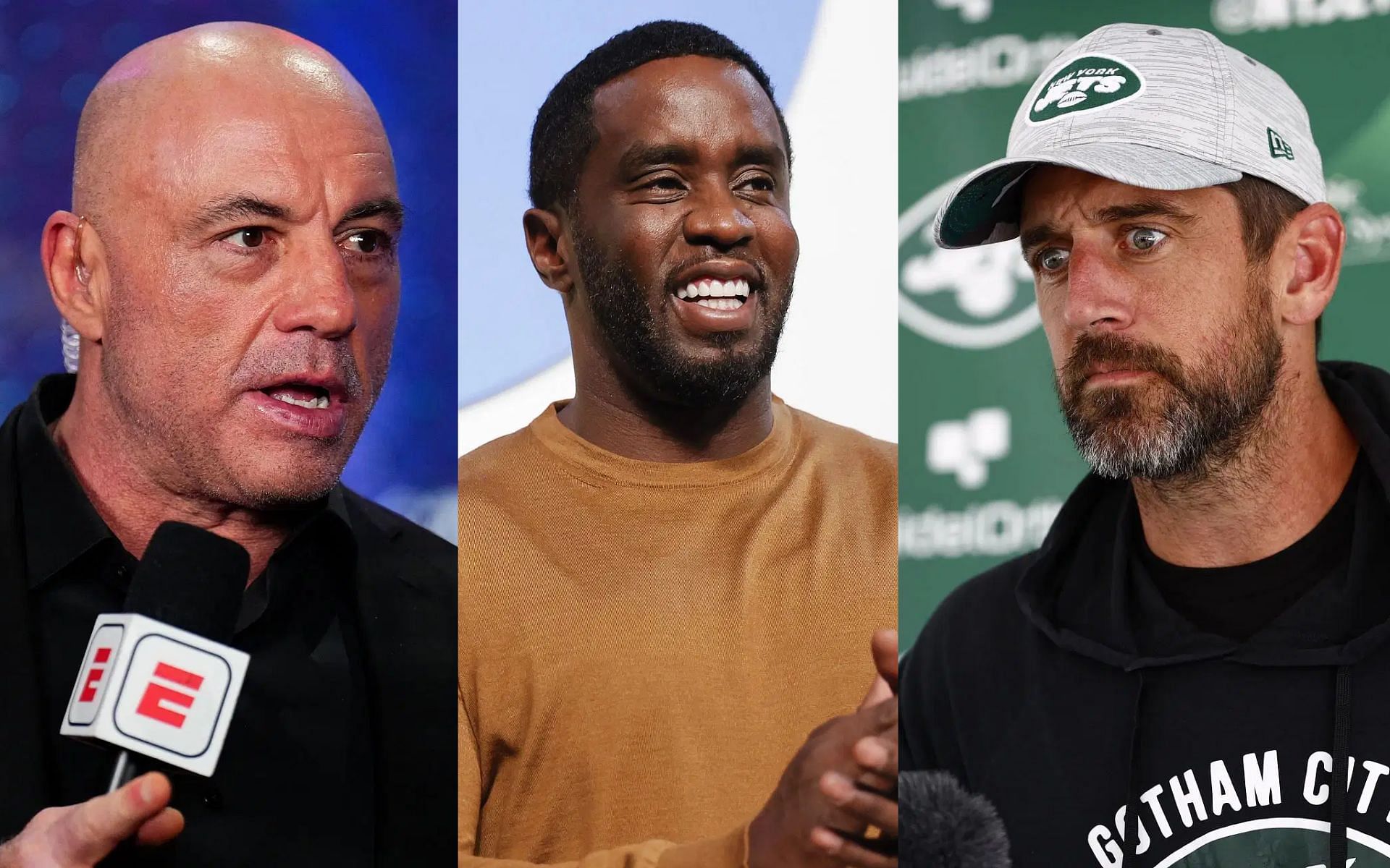 Joe Rogan (left) and Aaron Rodgers (right) ponder if P. Diddy (middle) operated in a similar way to Jeffrey Epstein [Images courtesy: Getty Images]
