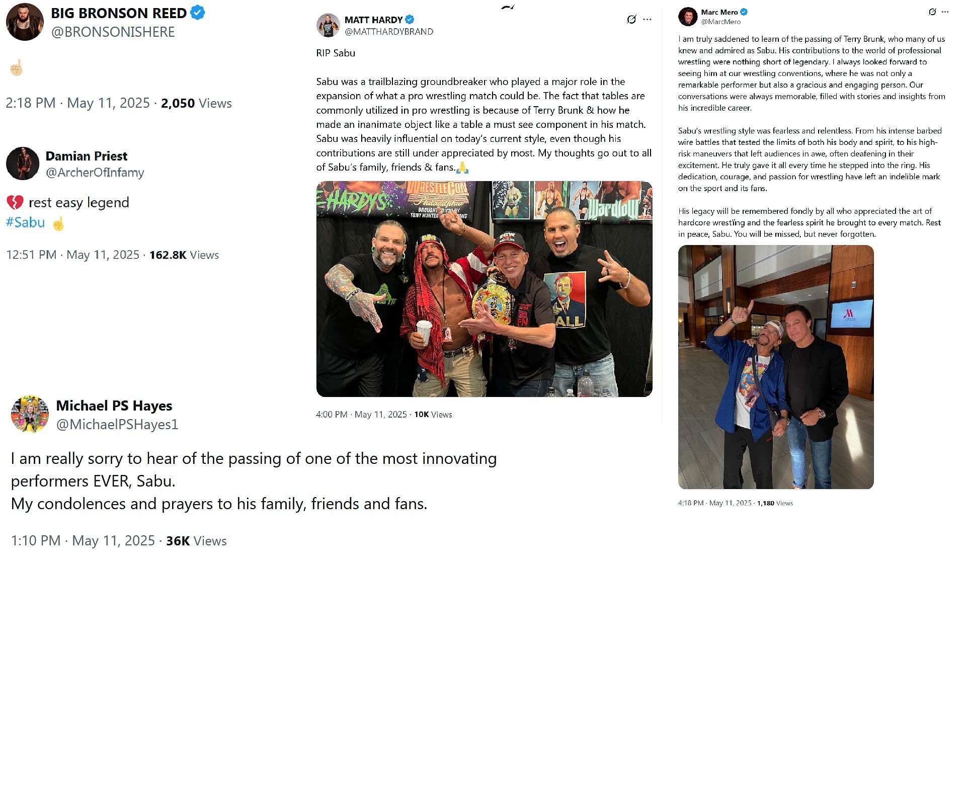 Screenshots of wrestlers paying tribute to Sabu on X [Photo Credits: X accounts of Marc Mero, Matt Hardy, Michael Hayes, Bronson Reed, and Damian Priest]