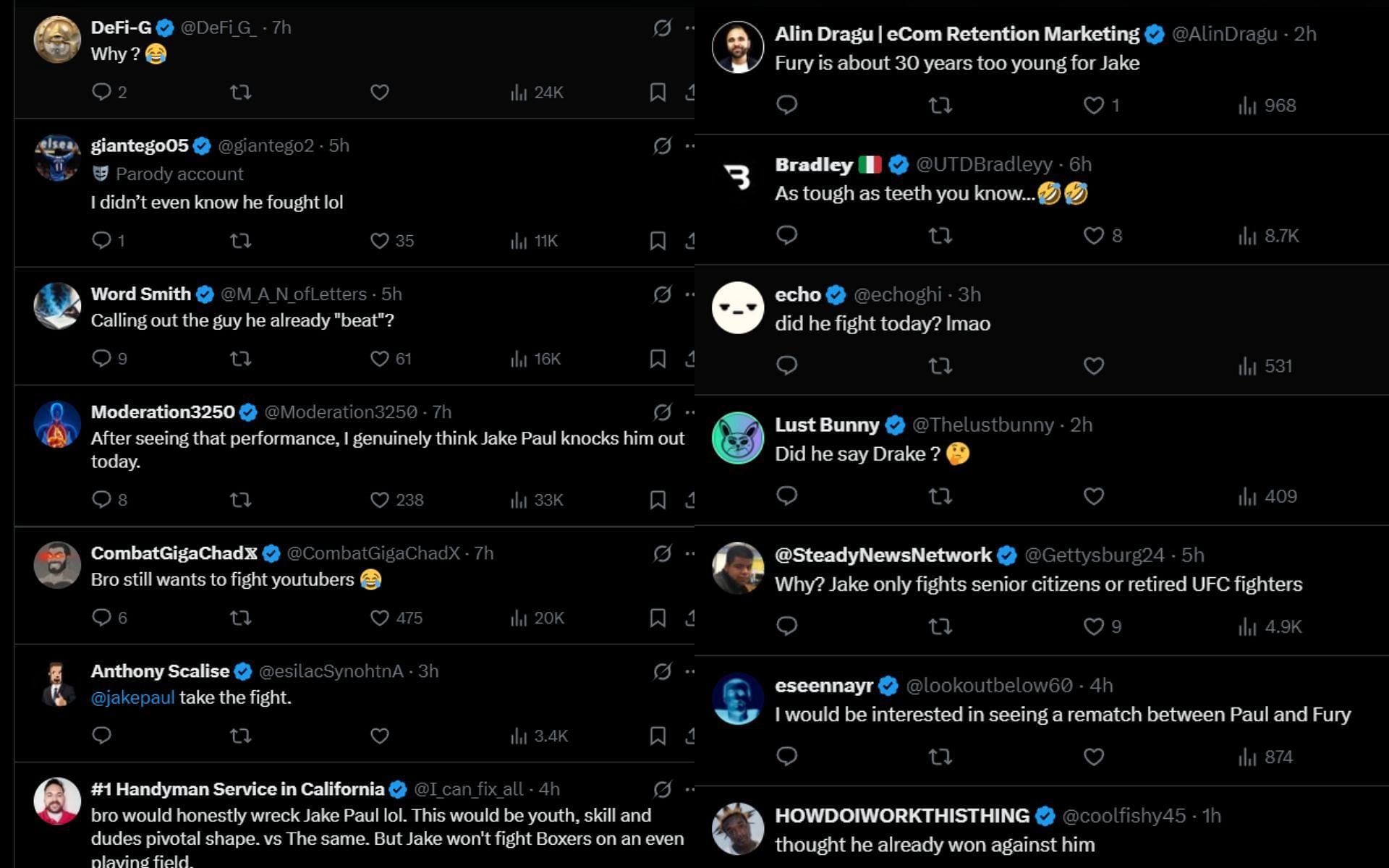 Fans react to Tommy Fury calling out Jake Paul. [Screenshots courtesy: @DAZNBoxing on X]