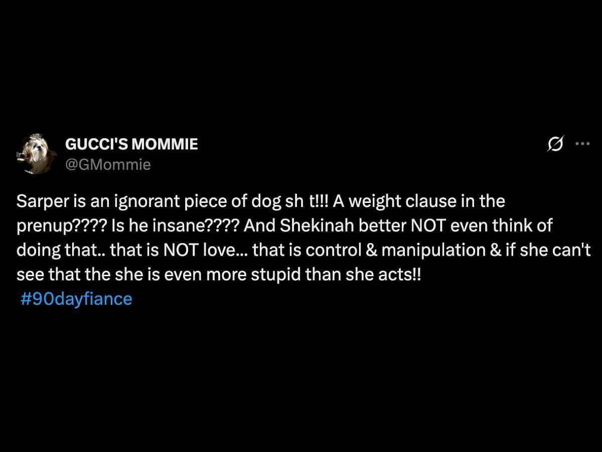 Netizens react to Sarper wanting to weight Shekinah every month after their wedding (Image via X/@GMommie)