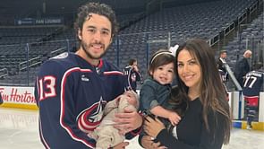 Johnny Gaudreau's wife Meredith reacts to Team USA hanging Johnny's No. 13 in the locker room during the ongoing Worlds