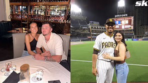 Jackson Merrill's girlfriend receives a special gift from Jeremiah Estrada's partner Jianna during Padres vs Marlins