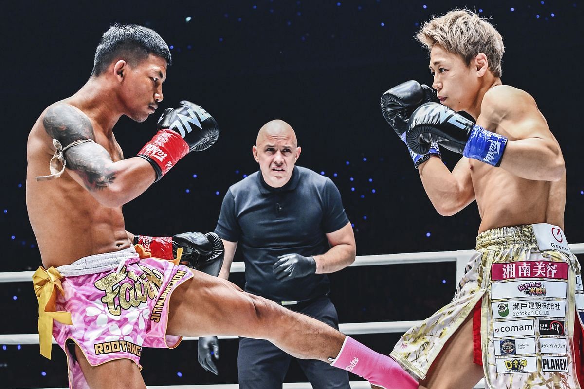 (From left to right) Rodtang, Referee Olivier Coste, Takeru [Photo via ONE Championship]