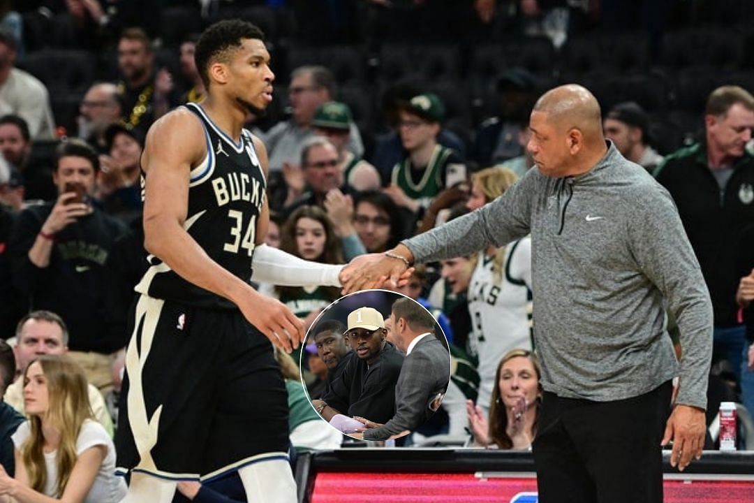 Jonathan Kuminga sits courtside during a game, Giannis Antetokounmpo and Doc Rivers during a game