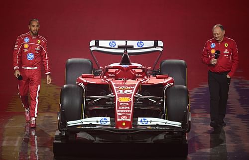 Lewis Hamilton (L) and Fred Vasseur (R) at the F1 75 Live - Source: Getty