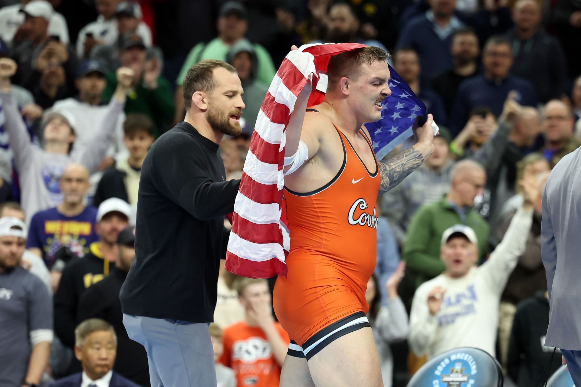 Wyatt Hendrickson with coach David Taylor after winning the NCAA Championships 2025 finals [Image Source : Getty]