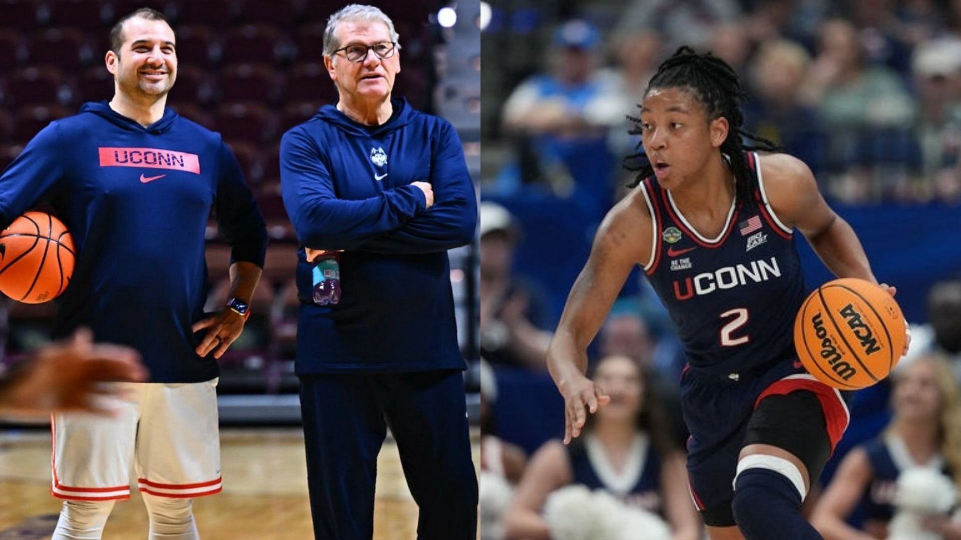 Ben Kantor and Geno Auriemma; KK Arnold in action for the UConn Huskies. Source: Instagram/@uconnwbb, Imagn
