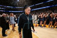 Head coach Dawn Staley of the South Carolina Gamecocks leaves the court after the loss to the UConn Huskies during the Division I Women's Basketball Championship game at Amalie Arena on April 6, 2025 in Tampa, Florida. Photo: Getty