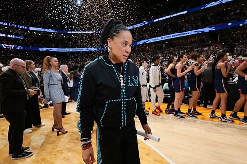 Head coach Dawn Staley of the South Carolina Gamecocks leaves the court after the loss to the UConn Huskies during the Division I Women's Basketball Championship game at Amalie Arena on April 6, 2025 in Tampa, Florida. Photo: Getty