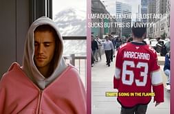 Justin Bieber in splits watching Leafs nation heckle fan wearing Brad Marchand's Panthers jersey before Game 7