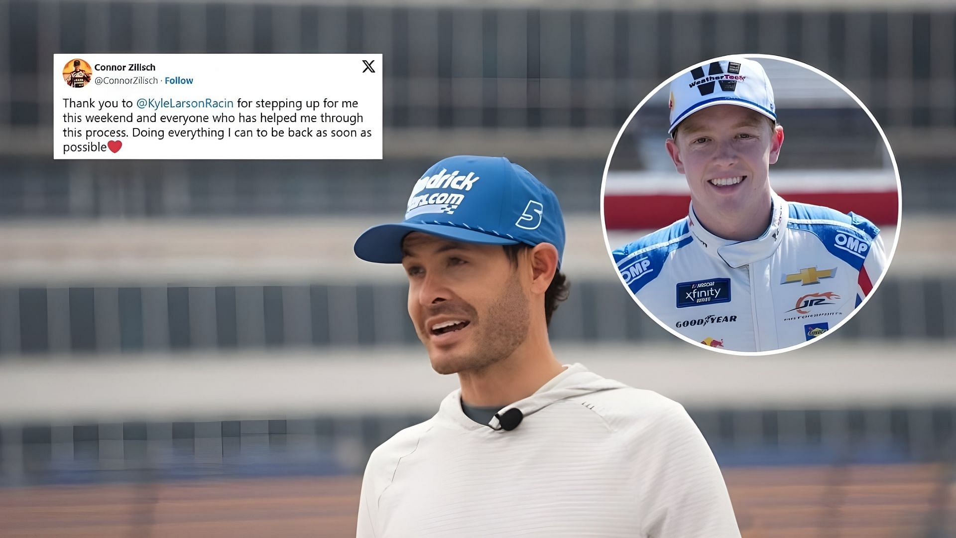 Connor Zilisch thanks kyle Larson for stepping in to take on the upcoming Xfinity race in his stead. Source: via X, Imagn