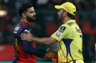 Virat Kohli shaking hands with MS Dhoni after 2025 IPL - Royal Challengers Bengaluru v Chennai Super Kings Match - Source: Getty Images