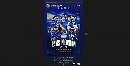 Matthew Stafford's wife Kelly makes feelings known on Rams vs. Jaguars London showdown/@kbstafford89