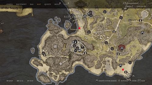 Check out the red dots for seashells in Tainted Grail The Fall of Avalon (Image via Awaken Realms // Youtube@Internet Tomato)