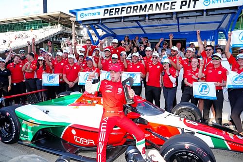 Robert Shwartzman celebrates pole with PREMA Racing for the 2025 Indy 500- Source: Getty