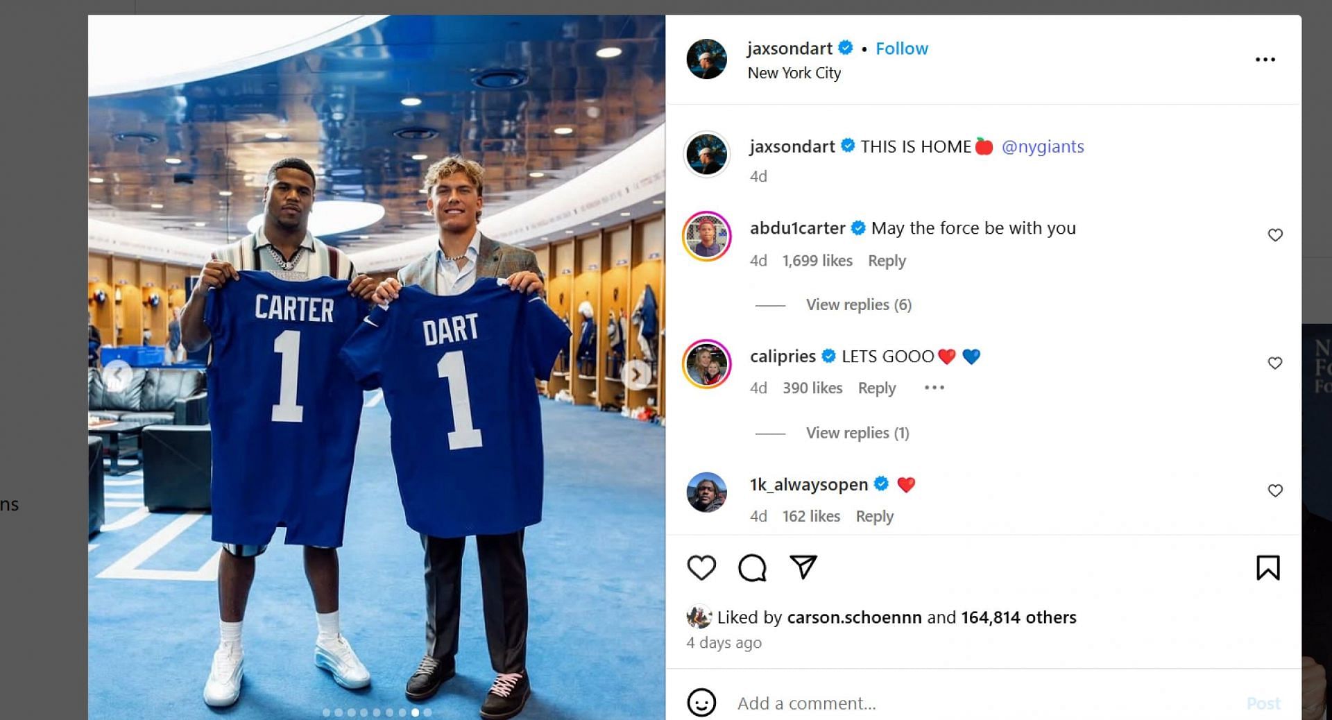 Abdul Carter&#039;s comment to Jaxson Dart&#039;s comment (Image Source: Instagram/@jaxsondart)