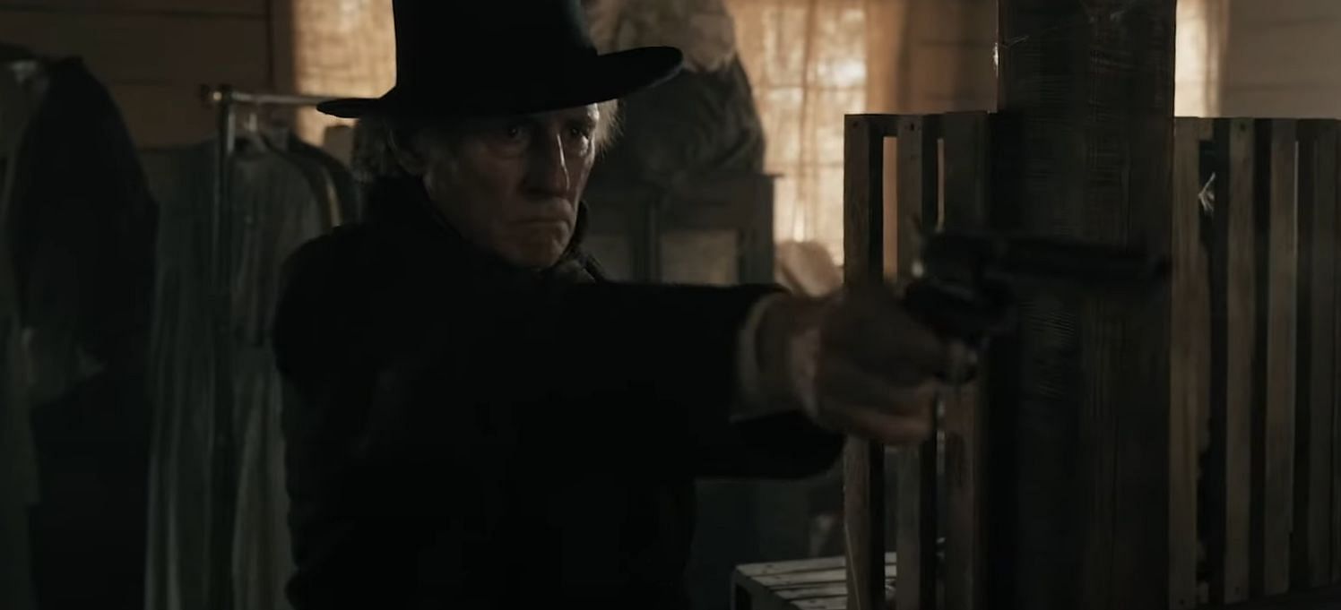 Sheriff Jim Ambrose during the final shootout in Murder at Yellowstone City (Image via YouTube/@SkyCinema)