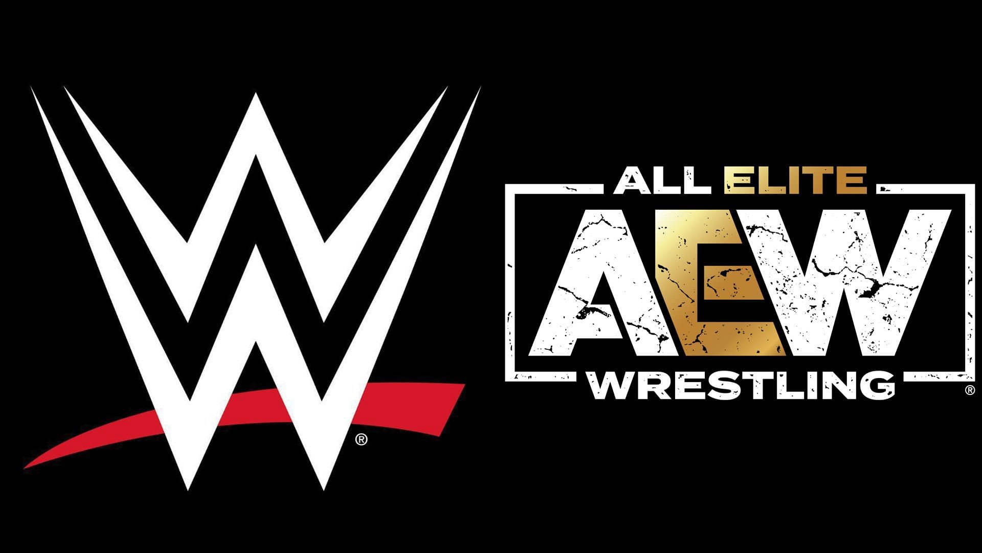 The official logos for WWE and AEW on display