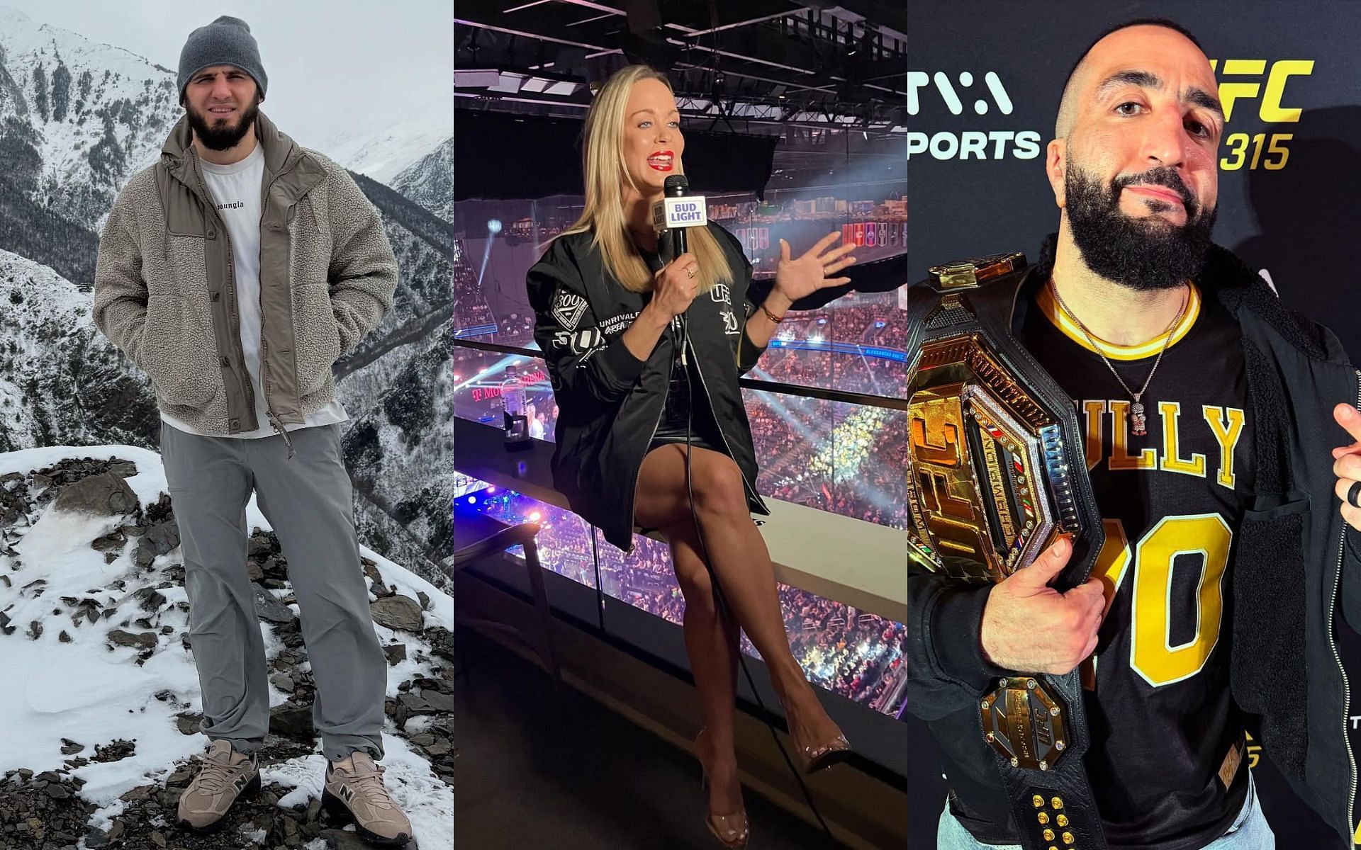 Laura Sanko (center) discusses a possible Islam Makhachev (left) vs. Belal Muhammad (right) fight. [Images courtesy: @islam_makhachev, @laura_sanko and @bullyb170 on Instagram]