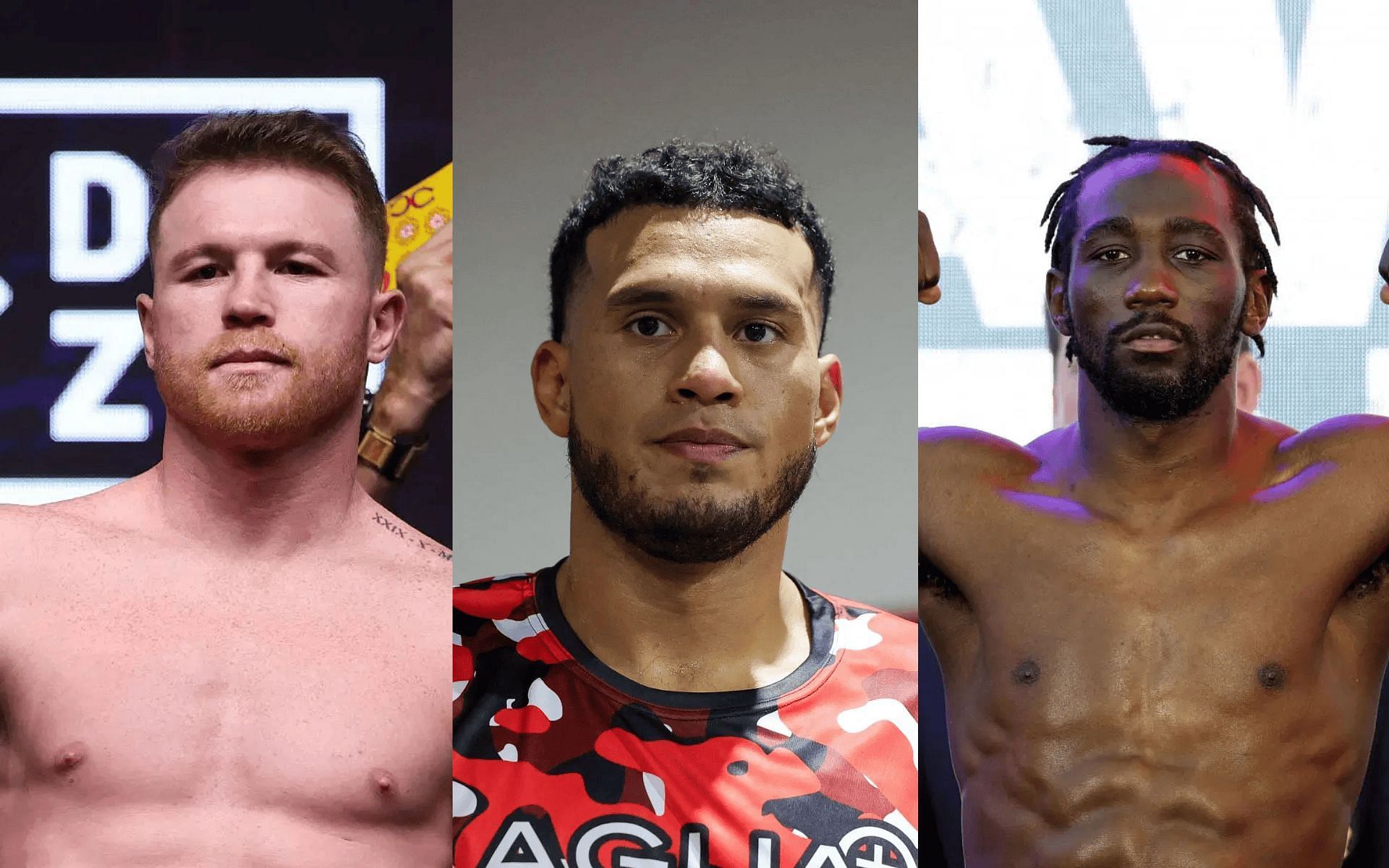 David Benavidez (middle) breaks down Canelo Alvarez (left) vs. Terence Crawford (right) fight. [Images courtesy: Getty]